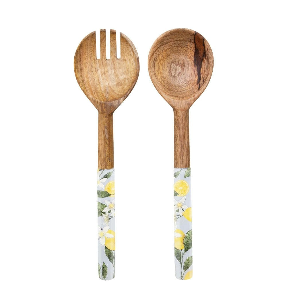 2pc J.Elliot Home Lemon 30cm Wood Salad Servers Spoon/Fork Serving Utensil Sky