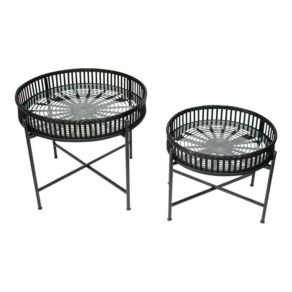 2pc Bamboo Metal Glass 46/58cm Round Side Table Home/Room Decor Furniture Black