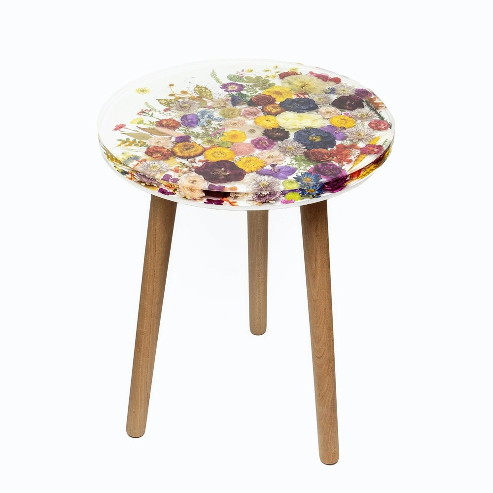 Leni Handcrafted Round Resin Side Table Flower Garden White 40x40x51.5cm