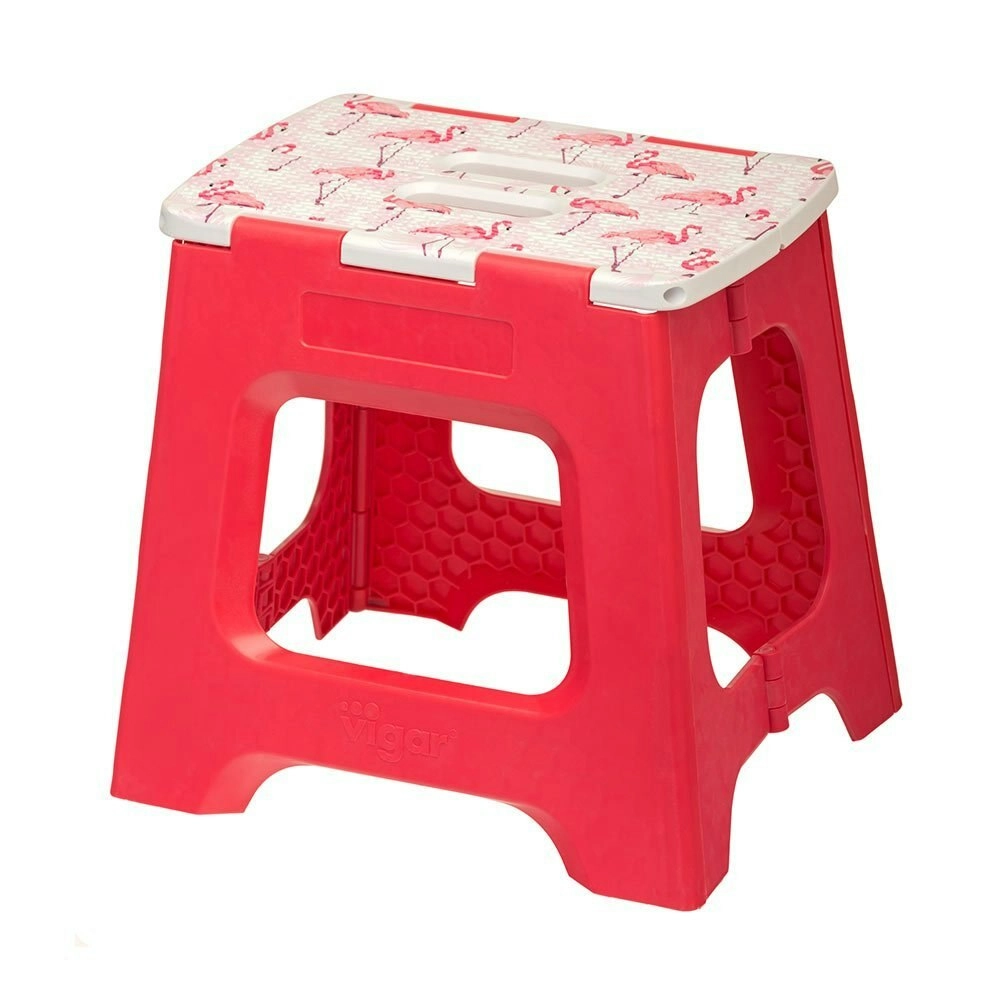 Vigar Compact Foldable 32cm Plastic Step Stool Outdoor/Kitchen Flamingo on Top