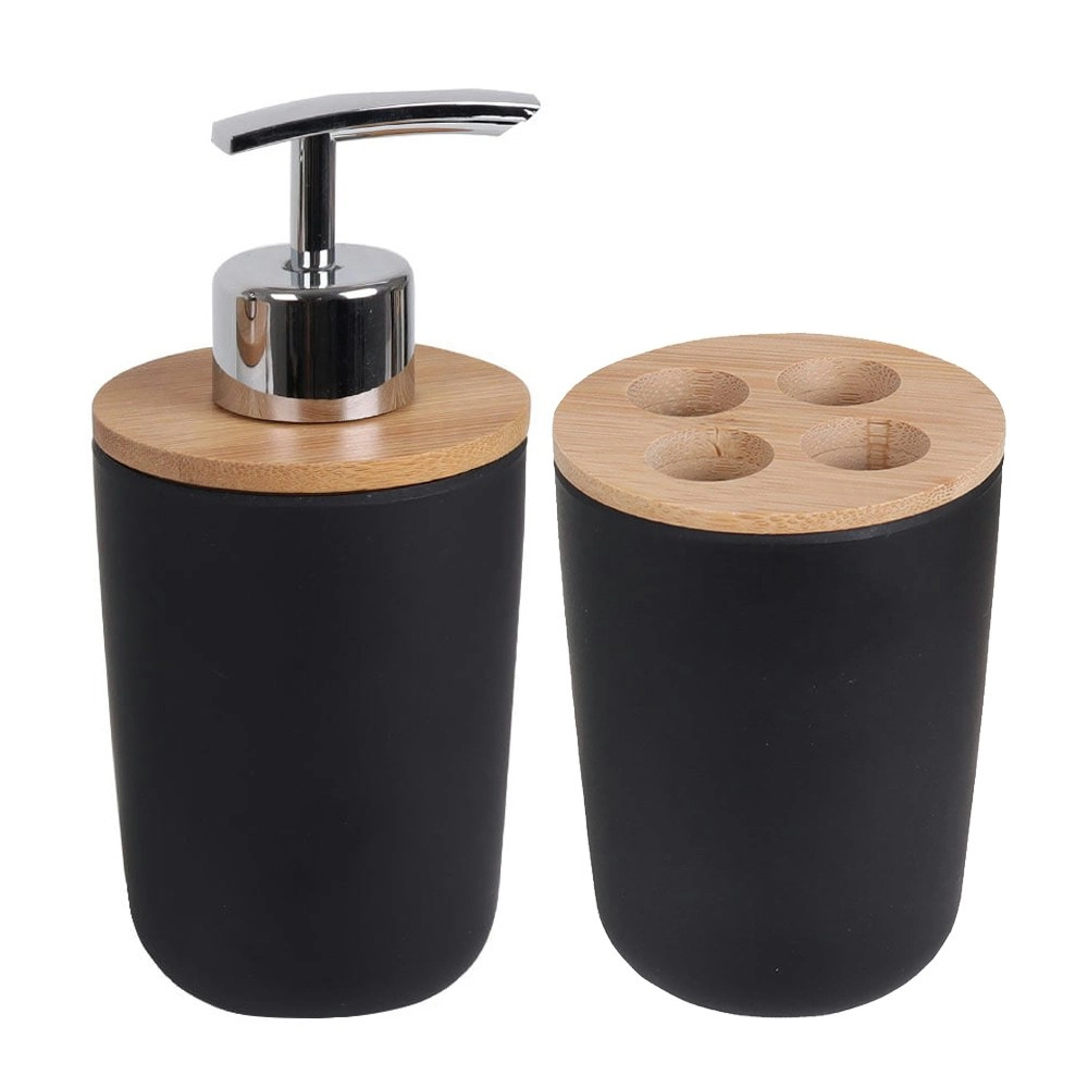 Eco Basics Bathroom Bamboo Toothbrush Caddy/Holder & Soap Pump Bottle Set Black