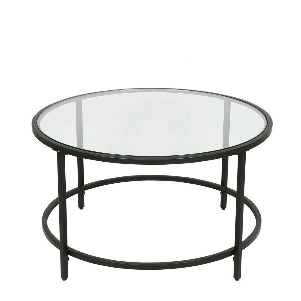 Belle Maleny Coffee Table Metal/Tempered Glass Round Home Furniture 70cm Black