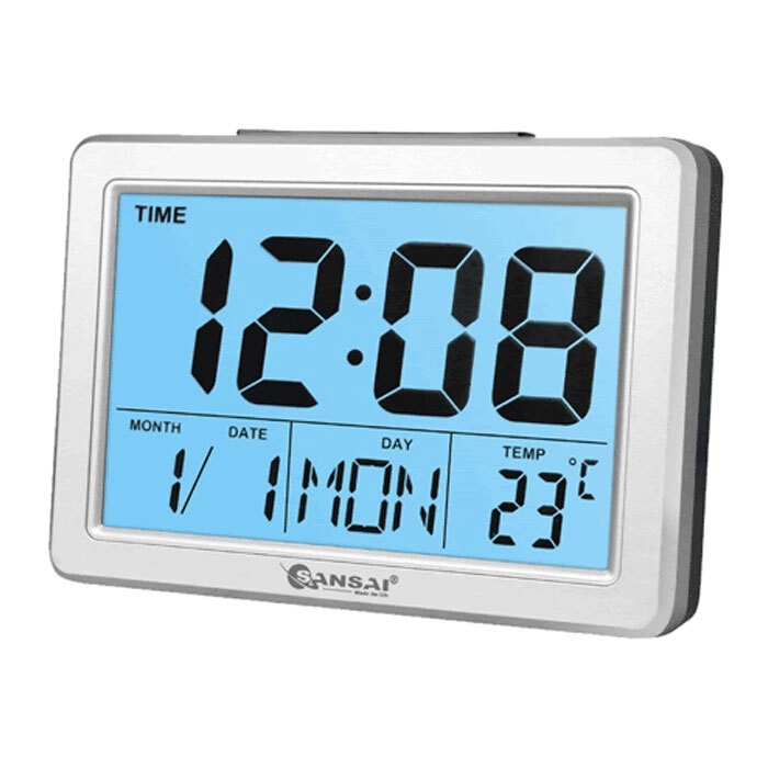 Sansai LCD Digital Alarm Clock Date/Temp Blue Backlight 12/24Hr Assorted 13.8cm