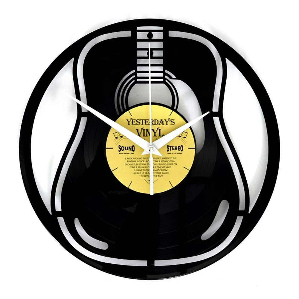 Yesterday’s Recycled Vinyl Rock-n-Roll Music Lover Battery Clock Acoustic Guitar