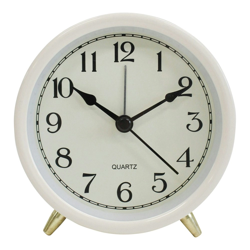 Round Metal Glass Raye 10.5cm Alarm Clock Bedside Analogue Home Desk Decor Ivory