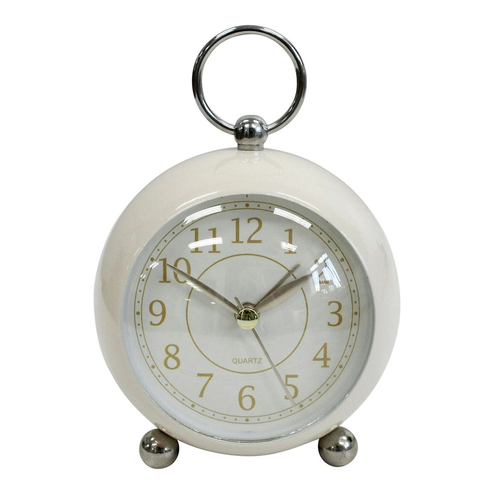 Round Metal Glass Petite 13cm Alarm Clock Bedside Analogue Home Desk Decor Ivory