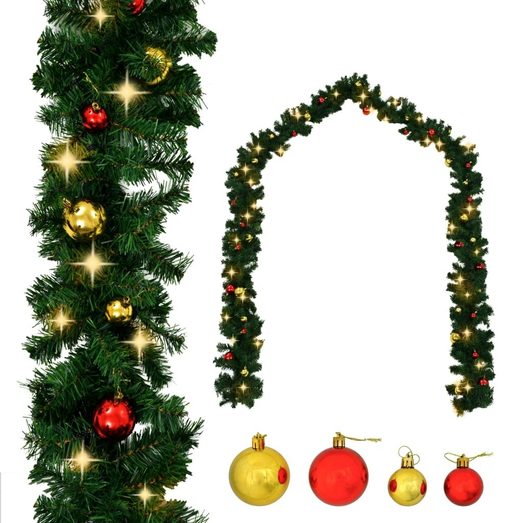 Christmas Garland with Baubles and LED Lights Green 10 m PVC 321508