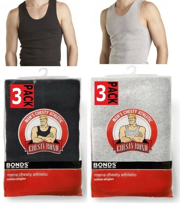 Mens Bonds 3 Pack Chesty Cotton Singlets Black Grey Underwear Mens Singlet Tee