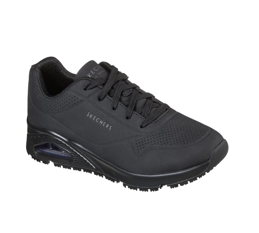 Womens Skechers Uno - Slip Resistant Black Lace Up Sneaker Shoes