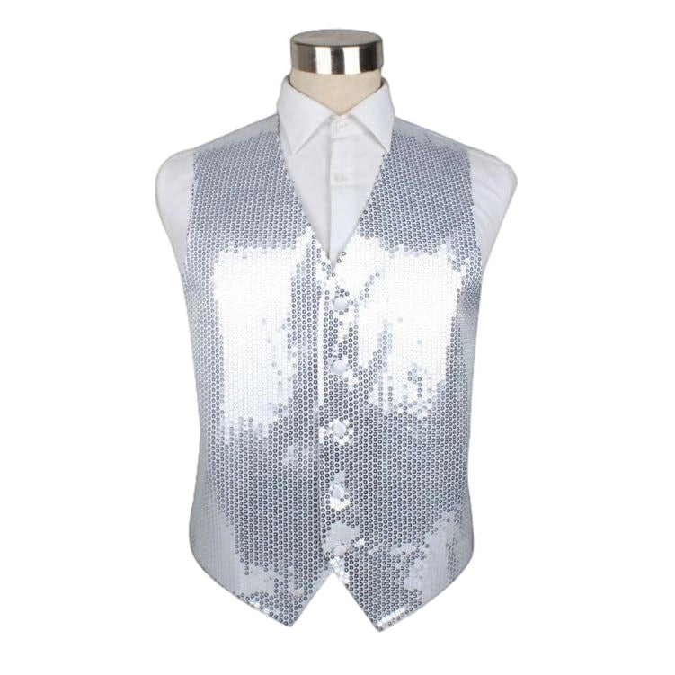 Mens Silver Sequin Patterned Vest Waistcoat