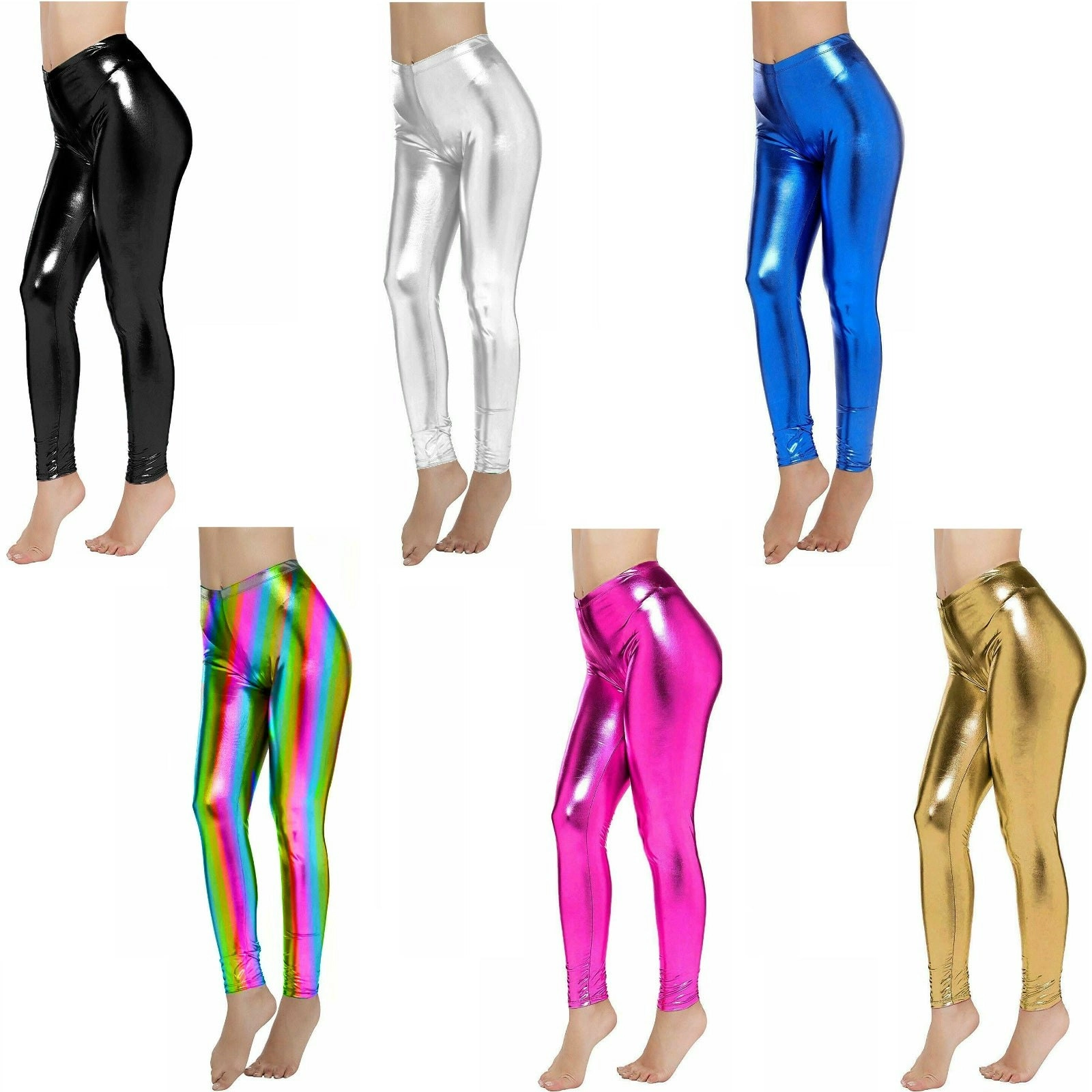 Shiny Metallic Leggings Womens Pants Ladies Gold Silver Black Blue