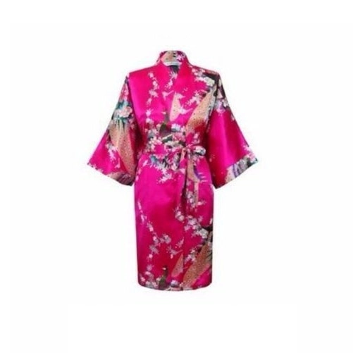 Bride Bridesmaid Gown Robe Satin Kimono Short Floral Bridal Wedding Fuchsia