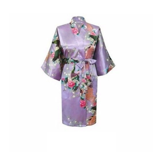 Bride Bridesmaid Gown Robe Satin Long Floral Kimono Bridal Wedding Violet