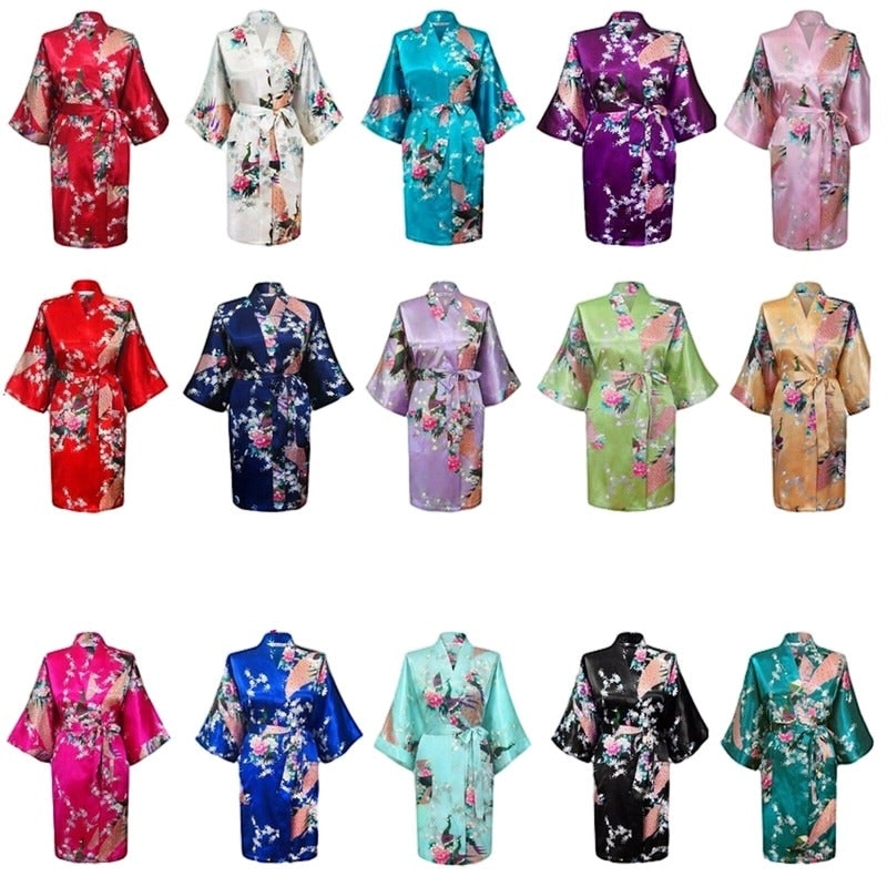 Bride Bridesmaid Gown Robe Satin Dressing Kimono Short Floral Bridal Wedding