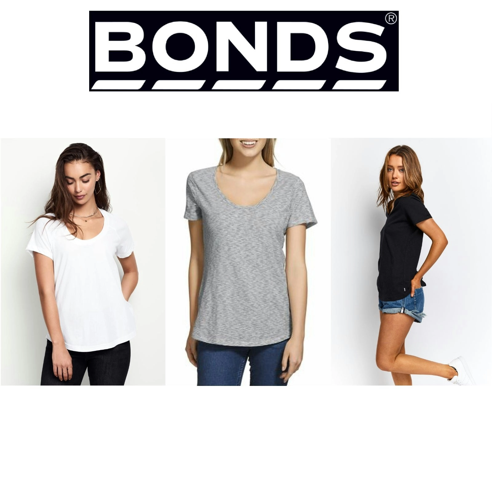 Bonds Womens Scoop Tee - Black White Grey Tshirt T Top