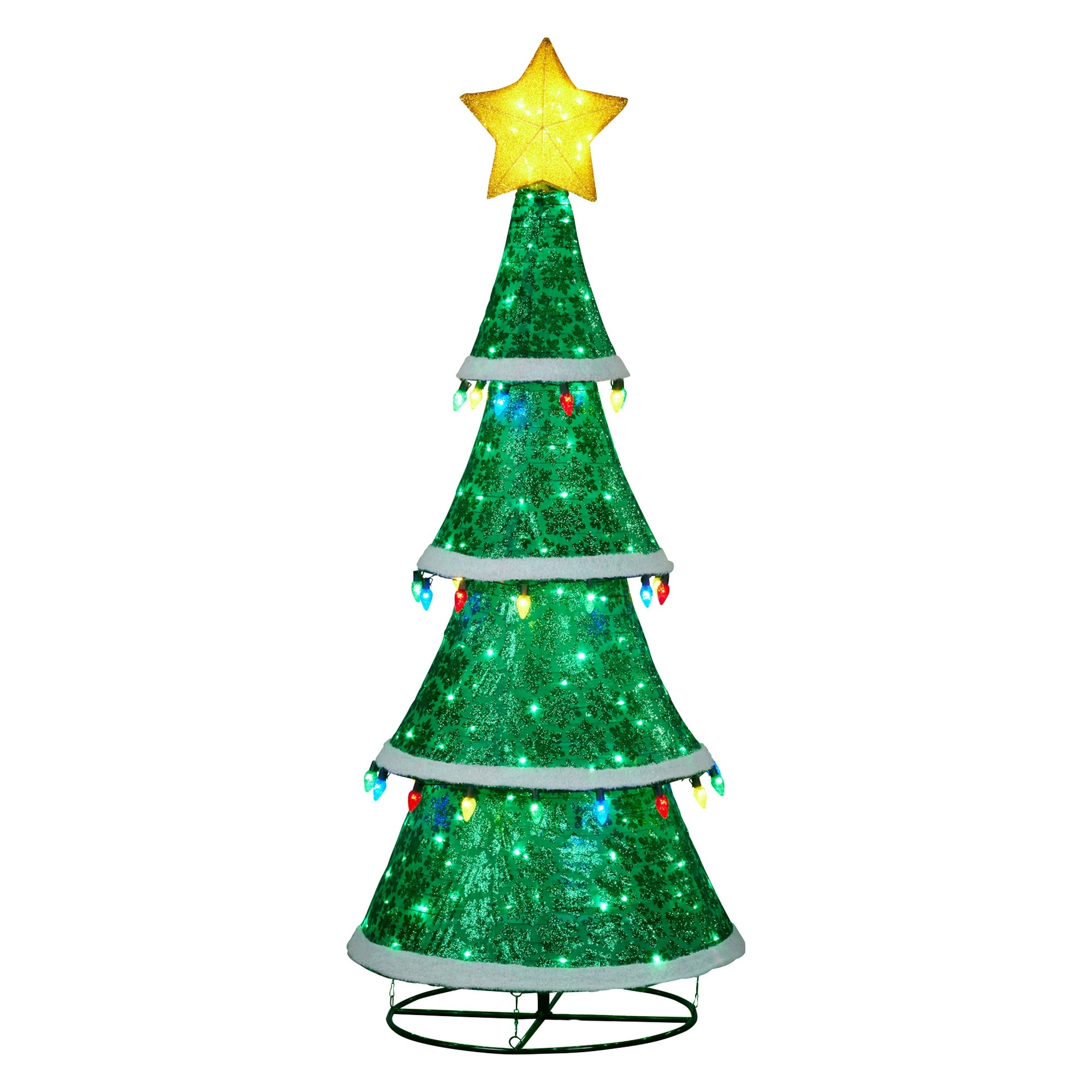 205cm Indoor/Outdoor Festive Tiered Light-Up Christmas Tree 66 Green LED Lights Colour Bulbs