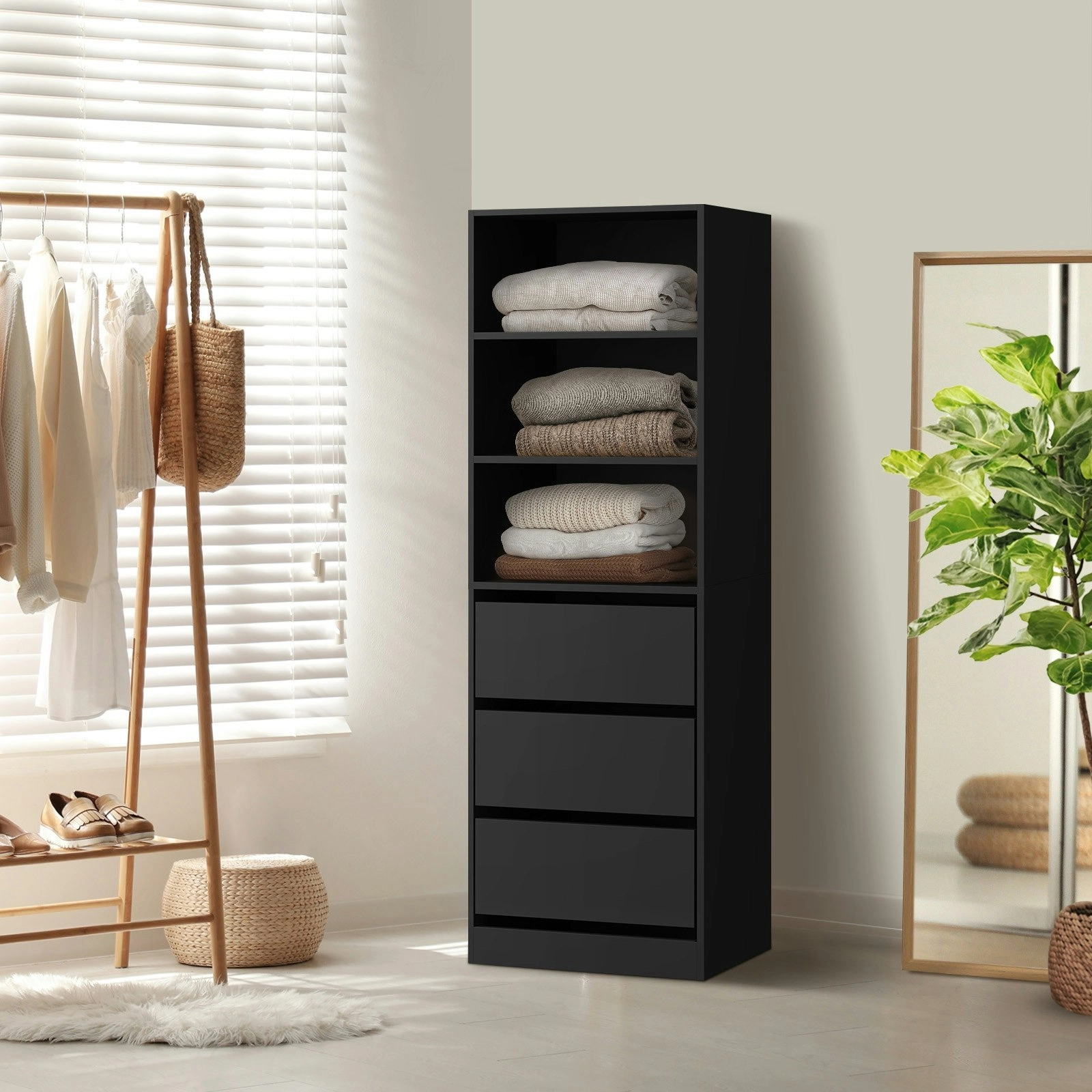 Oikiture Wardrobe Shelf Unit Clothes Storage Cabinet 3 Drawers Organizer Black