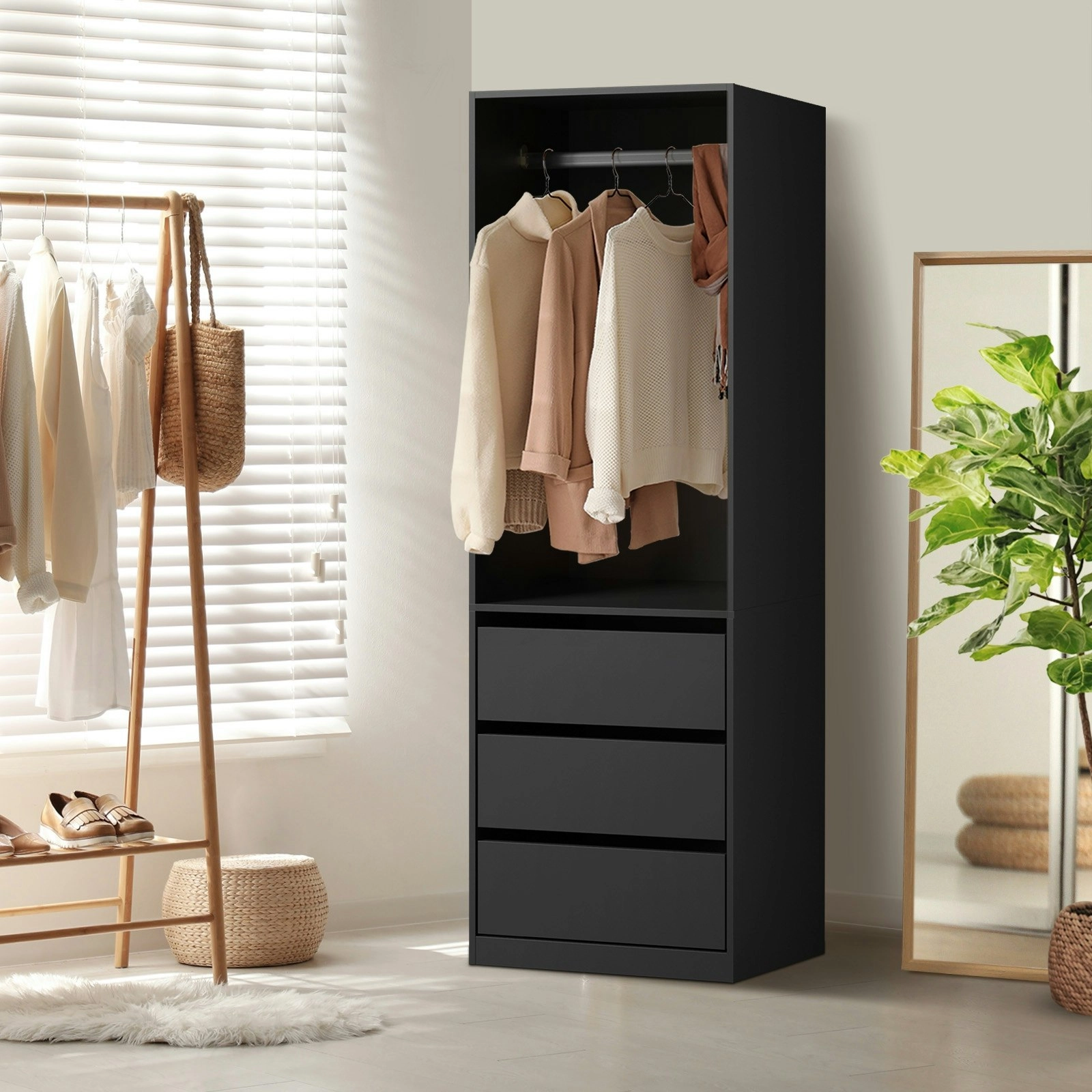 Oikiture Open Wardrobe Shelf Unit Clothes Storage 3 Drawers Hanging Rail Black