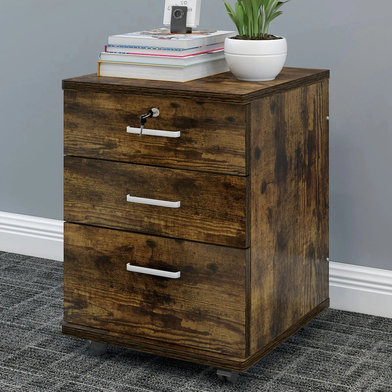 Miami 3 Drawer Bedside Table Cabinet with Wheels (Rustic Wood)