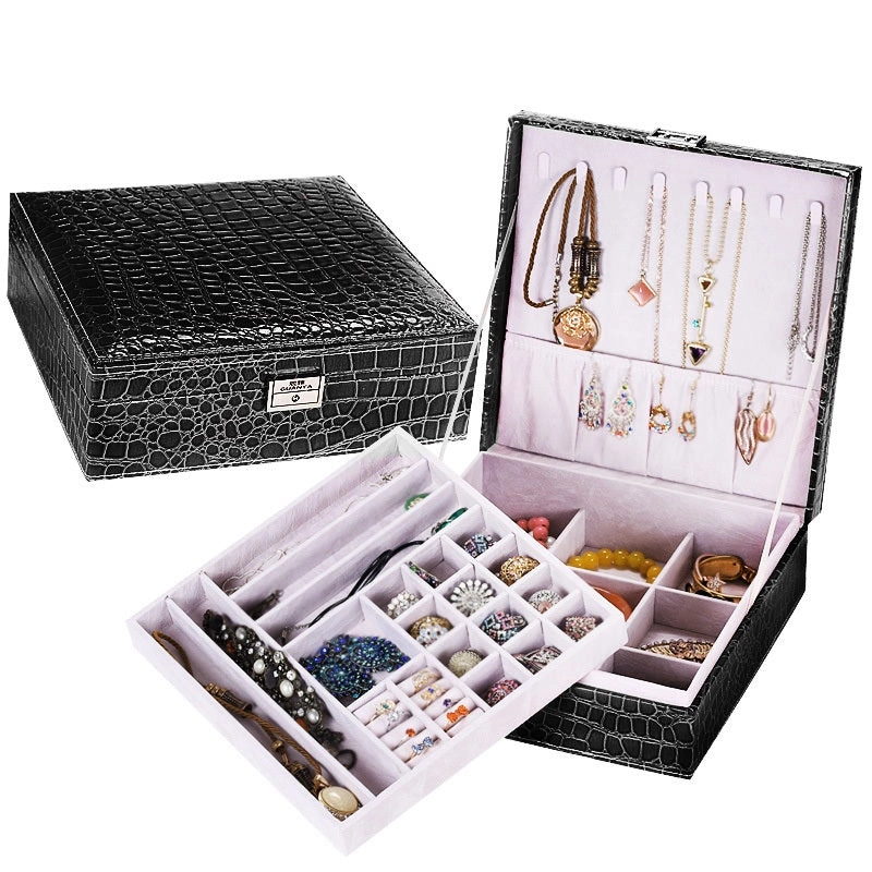 Deluxe Crocodile Leather Look Jewellery Box Storage Case Organiser (Black)