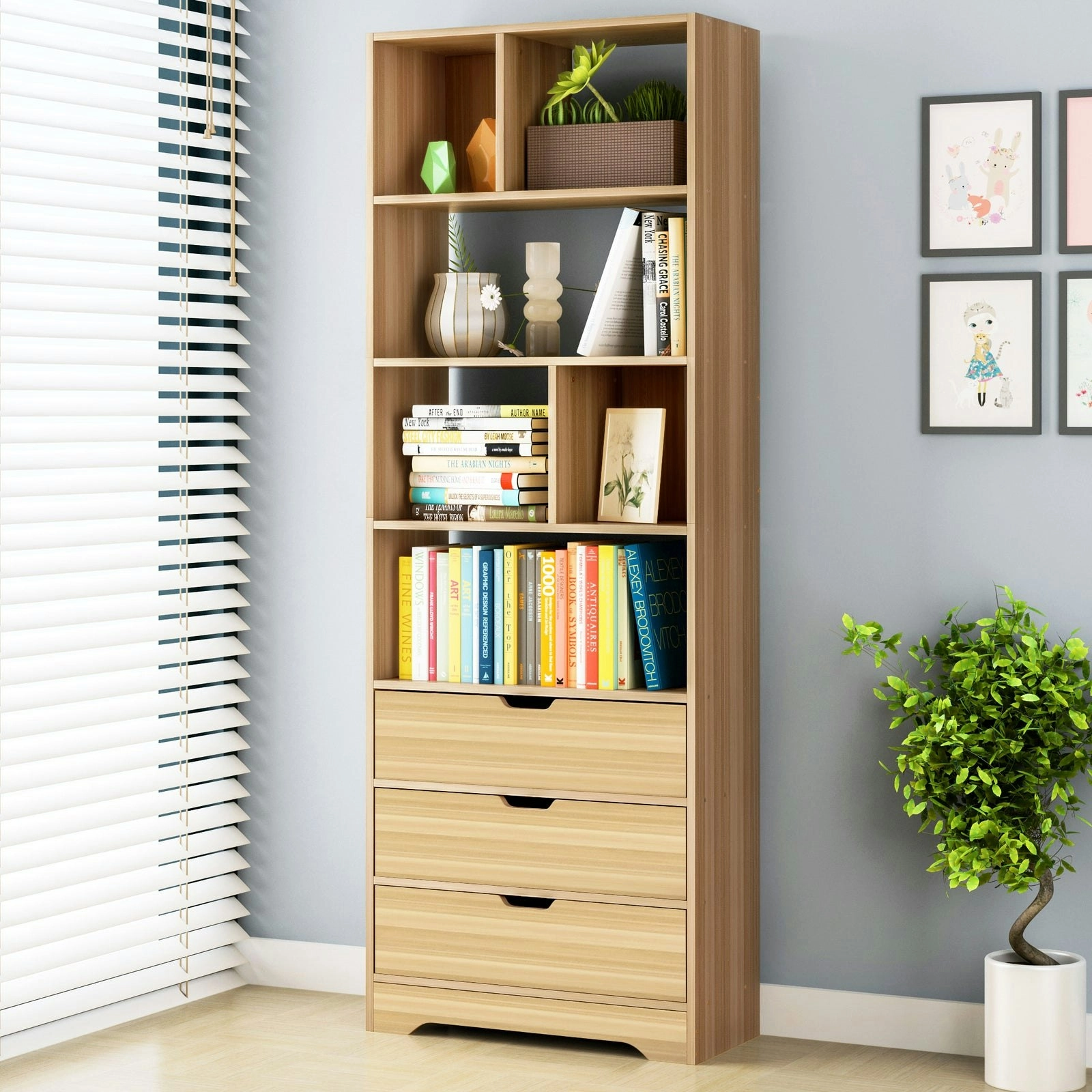 Luna 1.8m Tall Shelf Cupboard Bookshelf Wardrobe with Drawers (Oak)