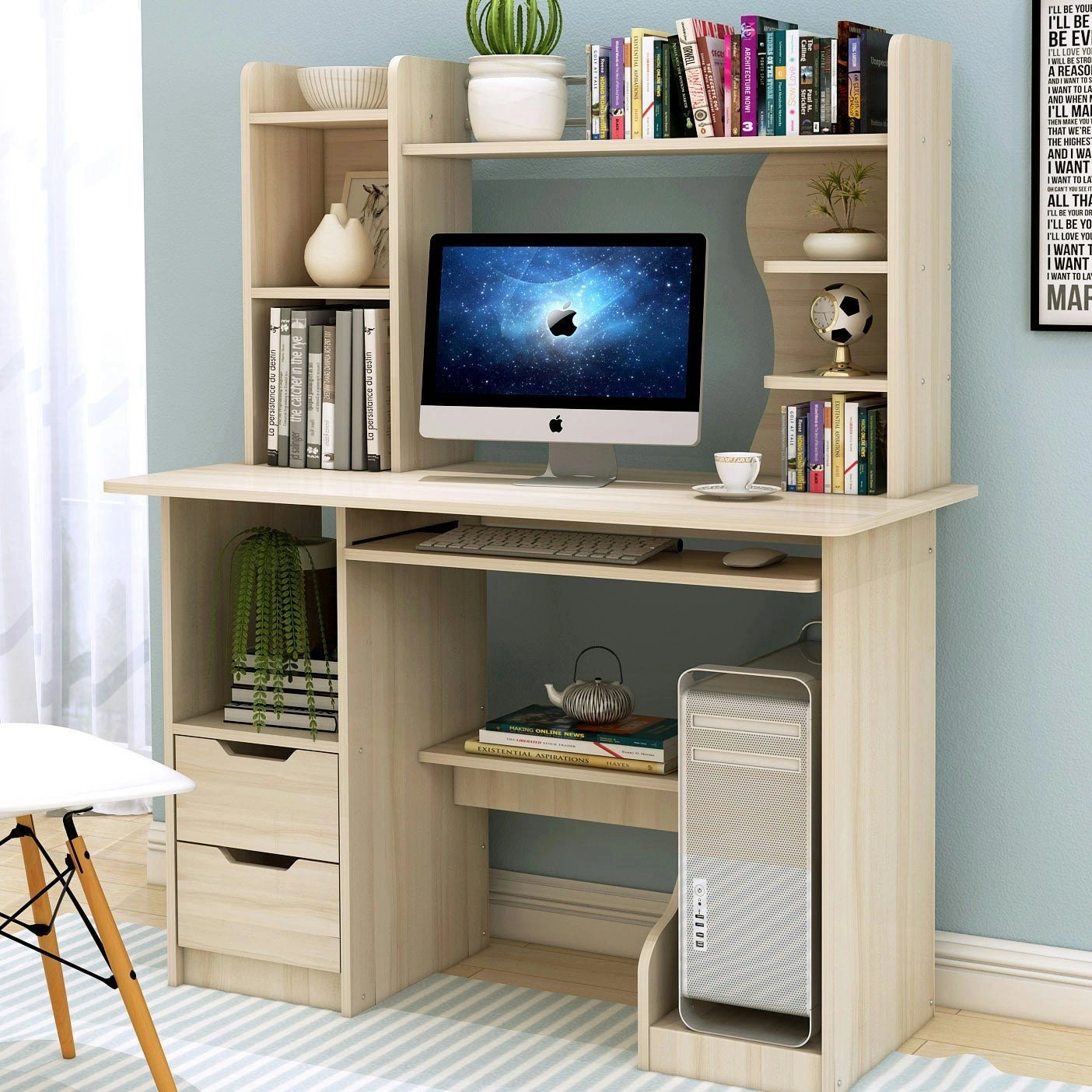 Expert Computer Desk Workstation with Shelf & Cabinet (White Oak)