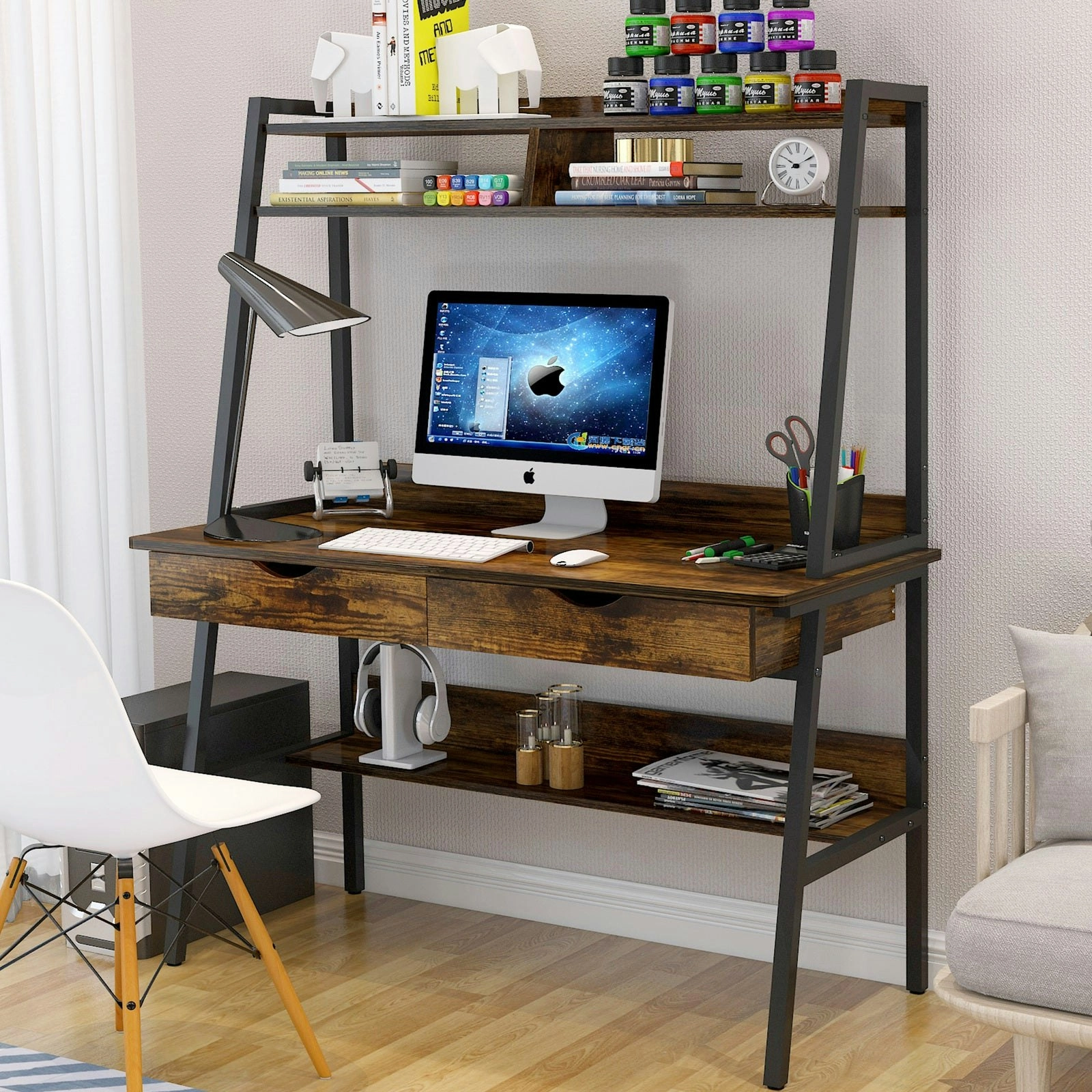 Liberty Computer Desk Workstation with Shelves & Drawers (Rustic Wood)