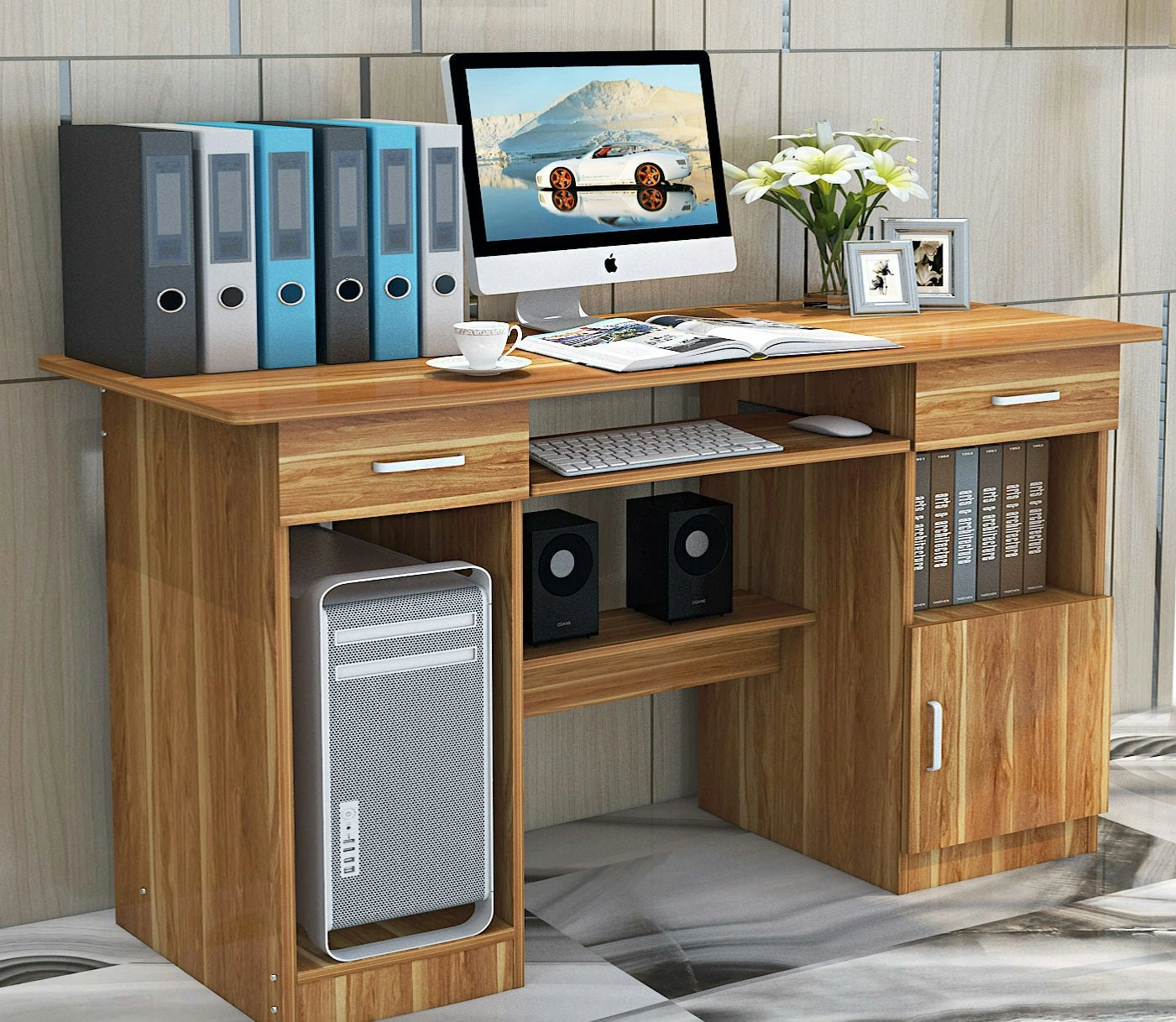 Executive Office Computer Desk with Drawers, Cabinet, Shelves (Natural Oak)