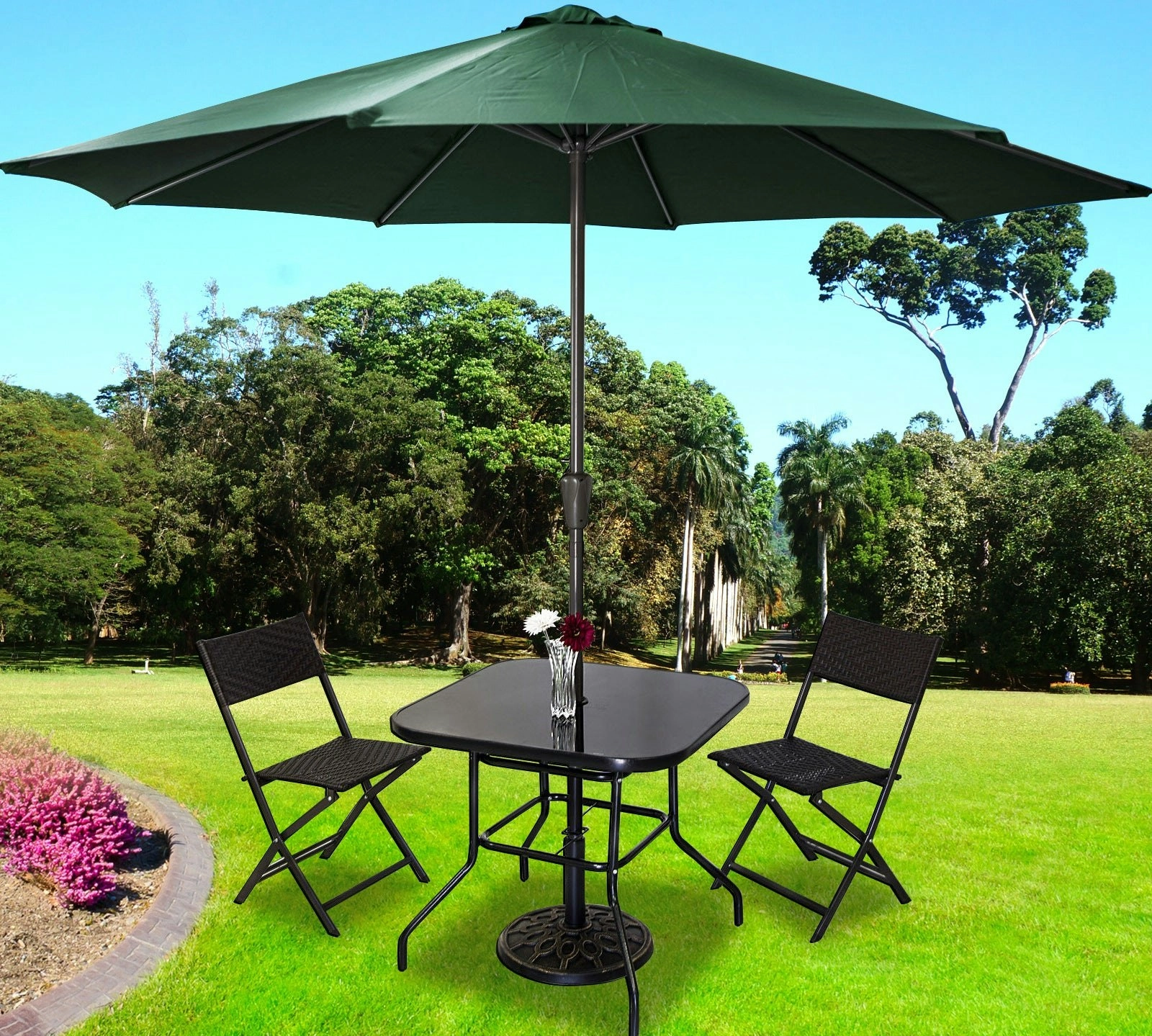 Alfresco 5PC Outdoor Setting (Green Umbrella & Stand, 2 Rattan Chairs, Square Table)