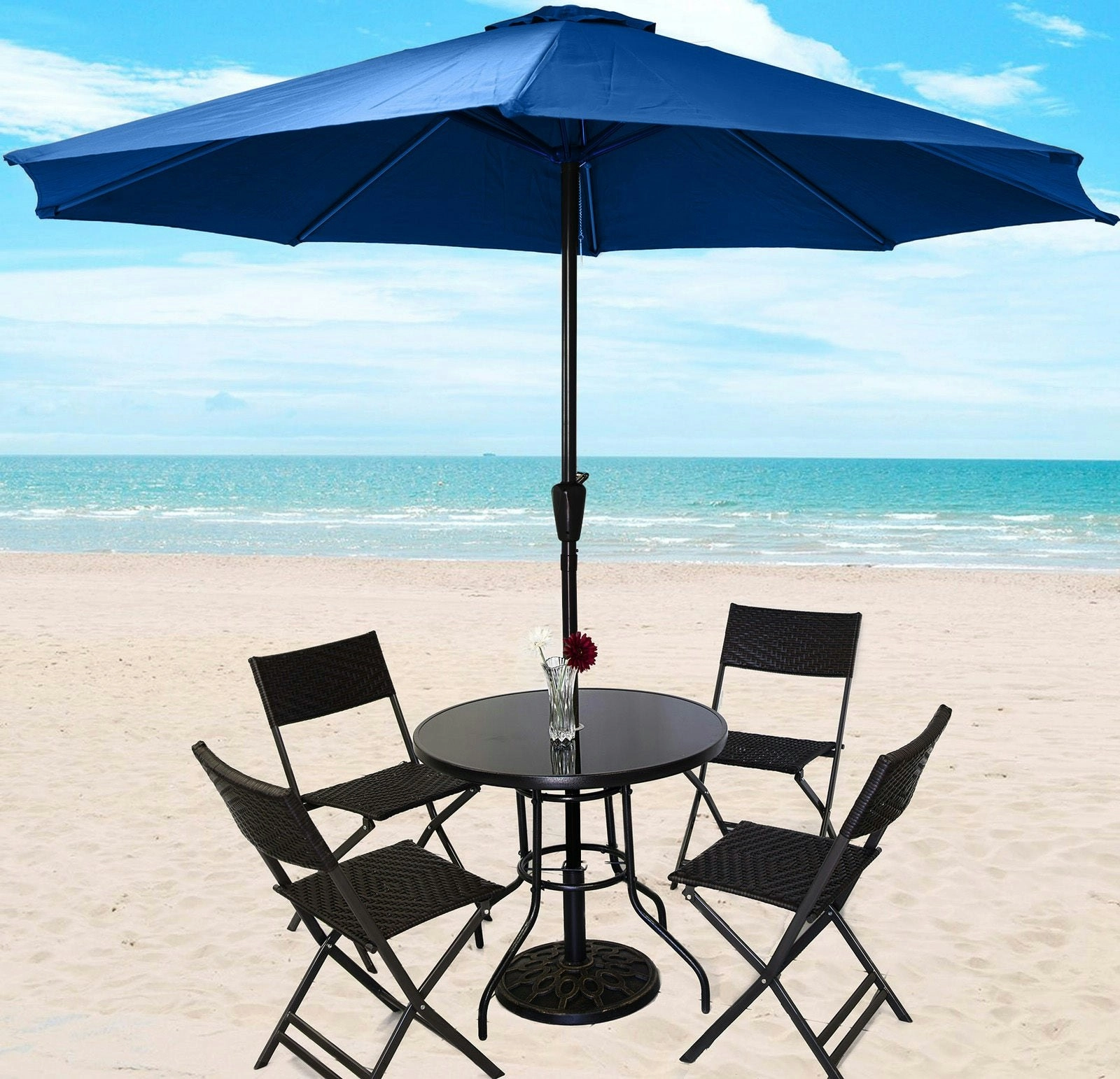 Alfresco 7 Piece Outdoor Setting (Blue Umbrella & Stand, 4 Rattan Chairs, Round Table)