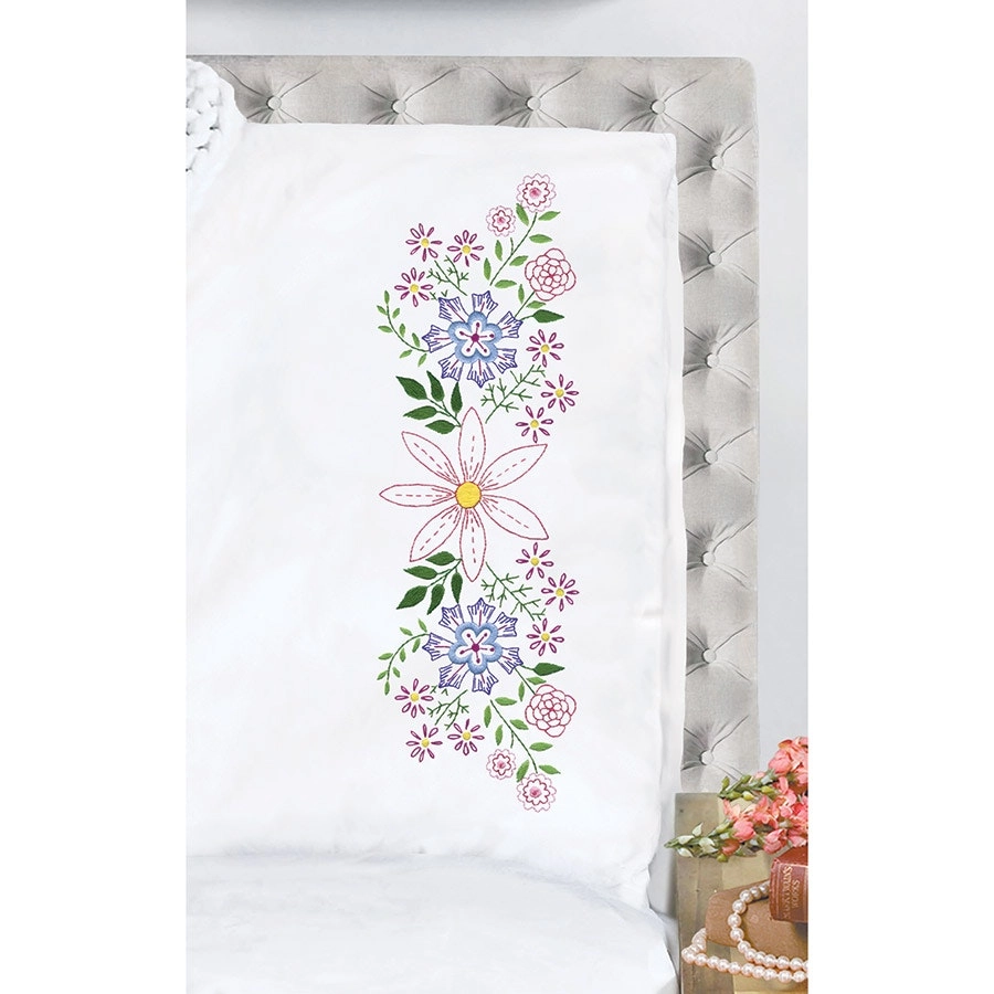 Star Flower  Pillowcase Pair Embroidery- Needlework