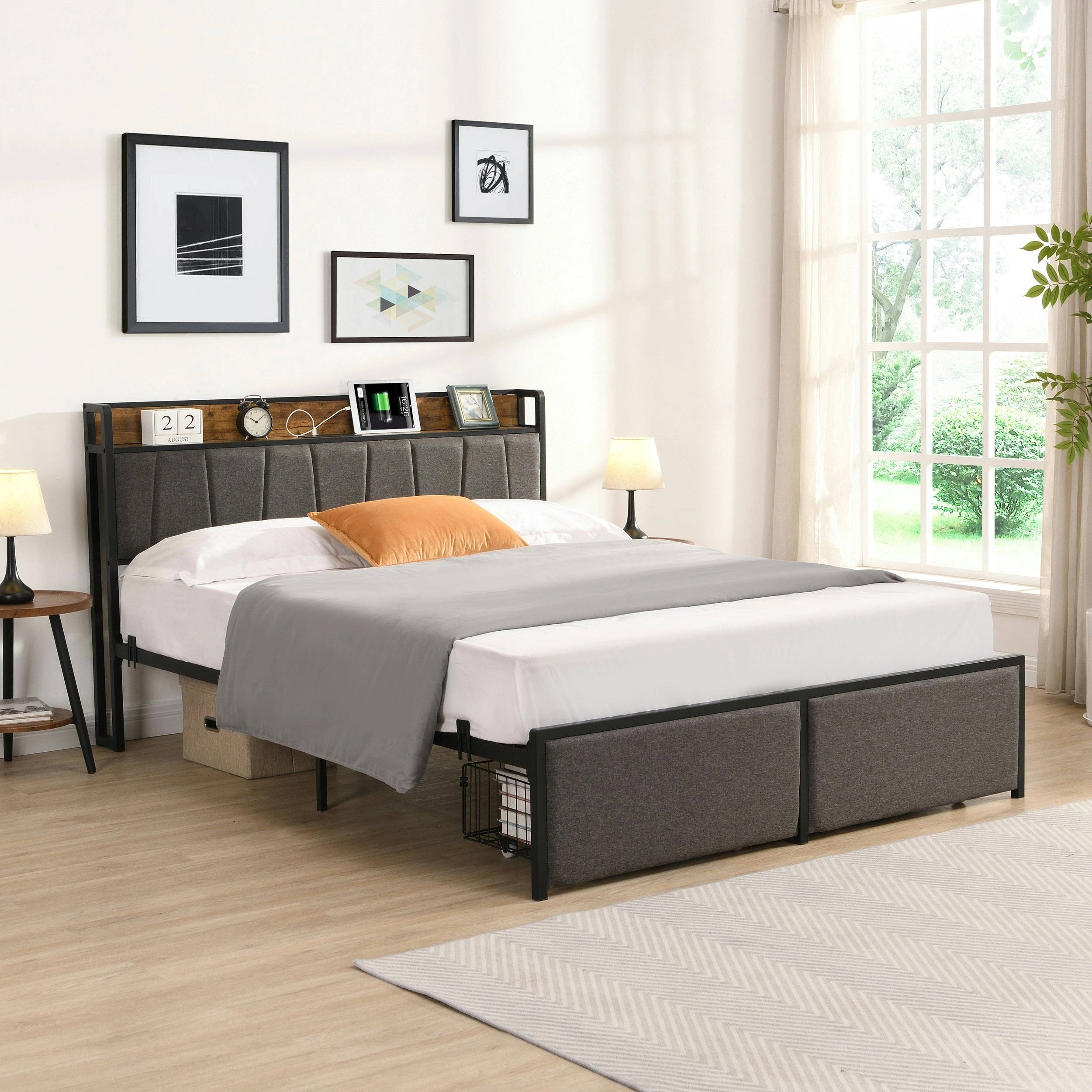 IHOMDEC  Double Size Metal & Wood Bed Frame 2 Plug Outlets &1 USB ports and 1 Type C Charging Station and 2 Drawers BED04 Grey