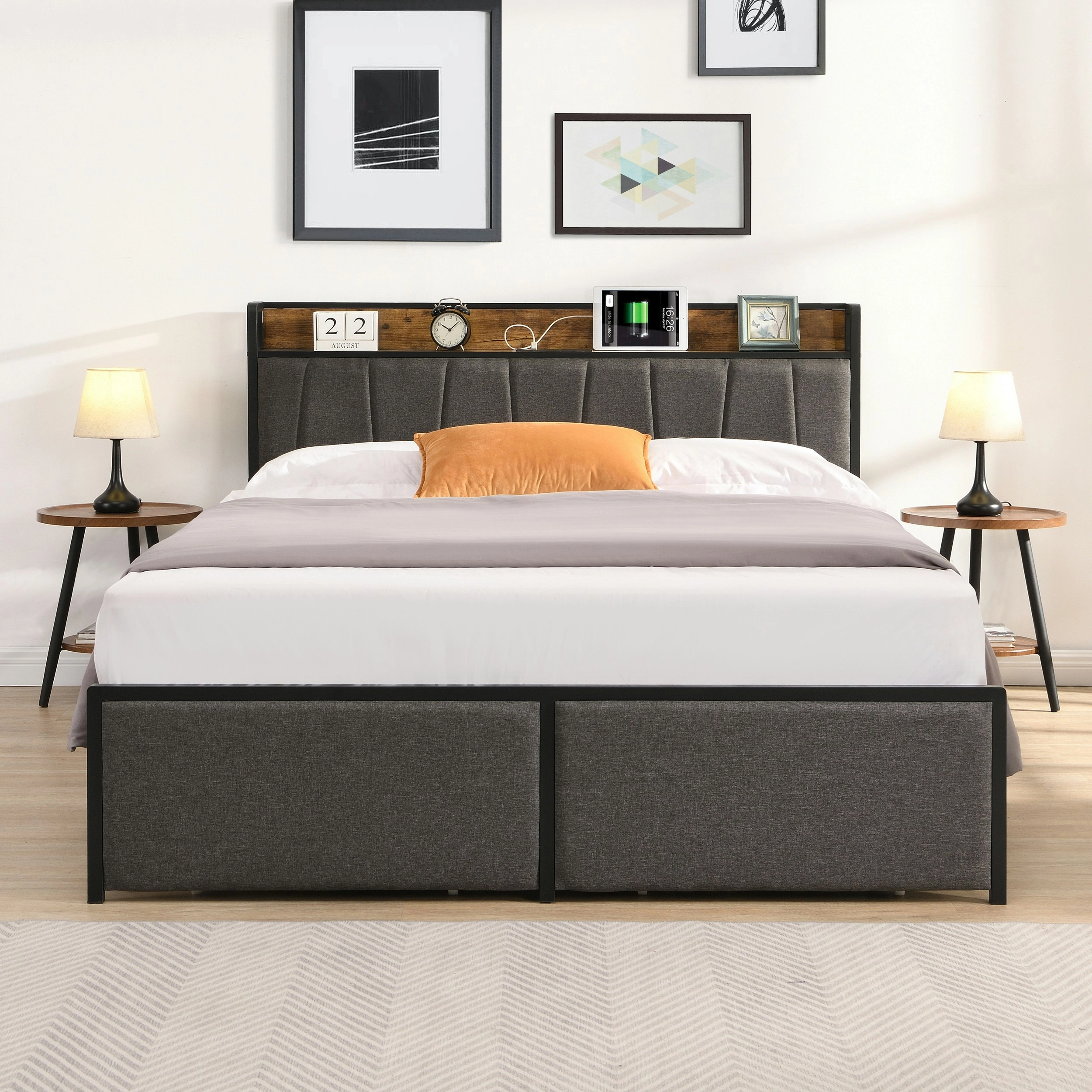 IHOMDEC  Queen Size Metal & Wood Bed Frame 2 Plug Outlets &1 USB ports and 1 Type C Charging Station and 2 Drawers BED04 Grey