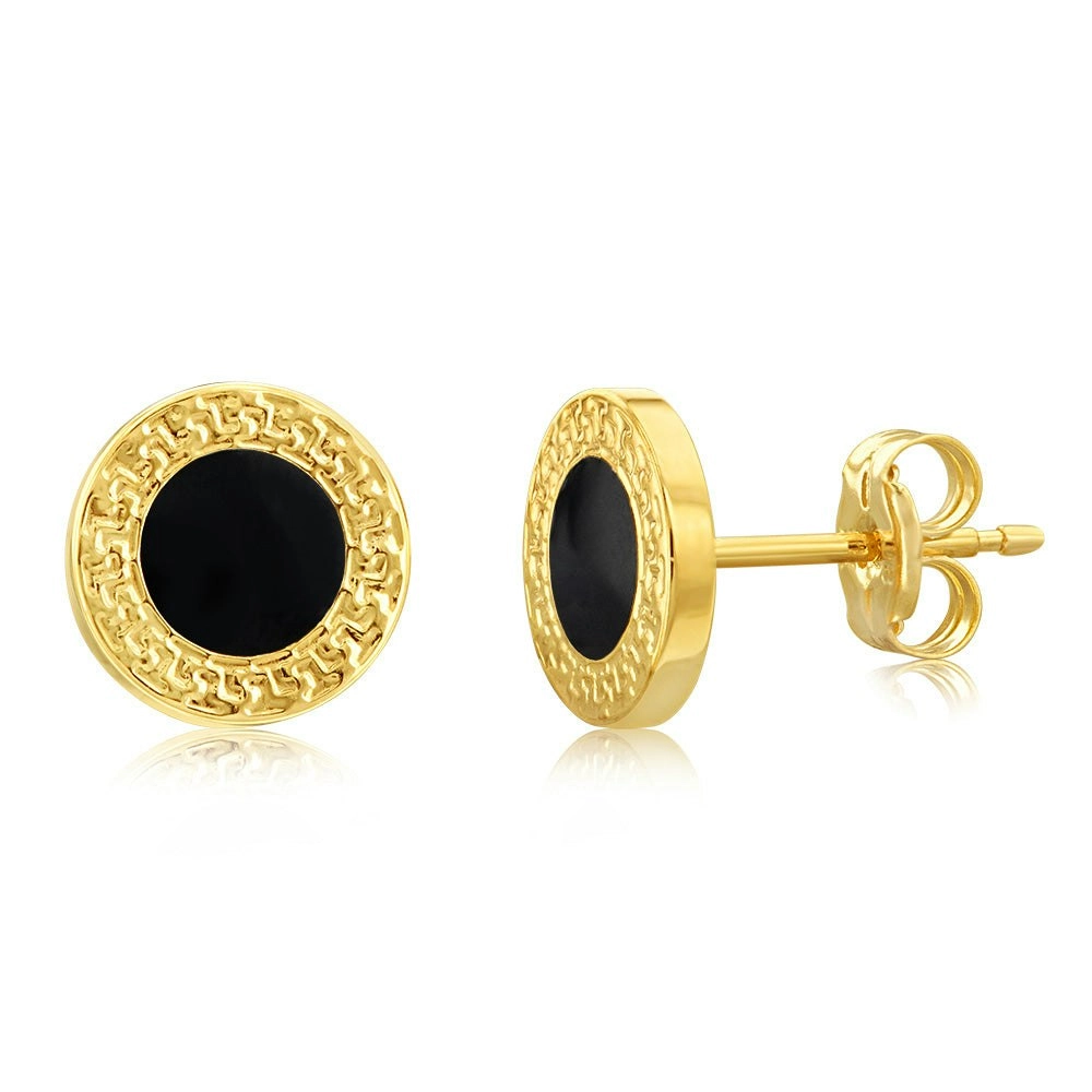 9ct Yellow Gold Greek Key Edge Enamel 8mm Stud Earrings