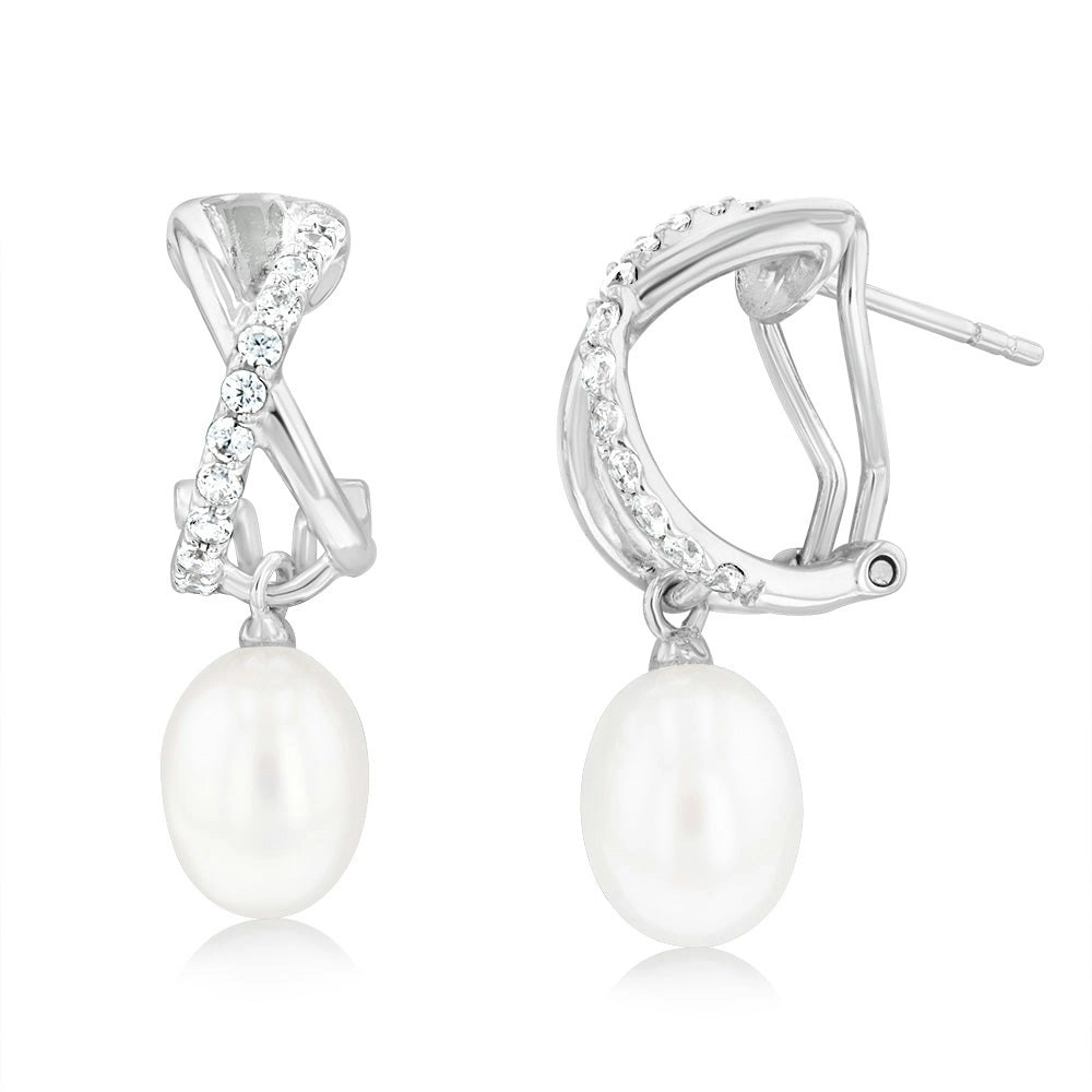 Sterling Silver 7.5-8mm Oval Fresh Water Pearl & Zirconia Earrings