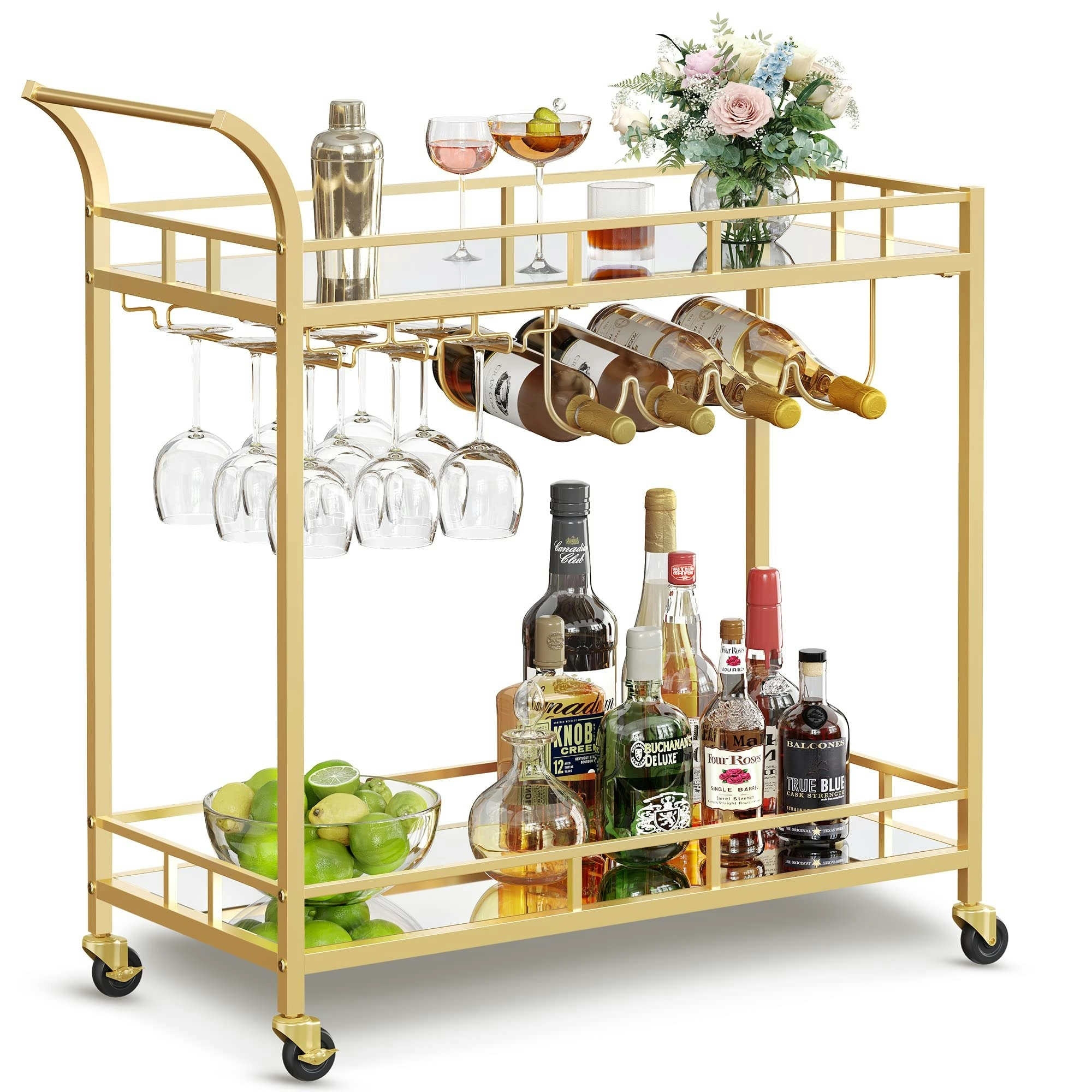 VASAGLE Bar Cart Gold, Home Bar Serving Cart, Wine Cart with 2 Mirrored Shelves, Wine Holders, Glass Holders, for Kitchen, Dining Room, Gold