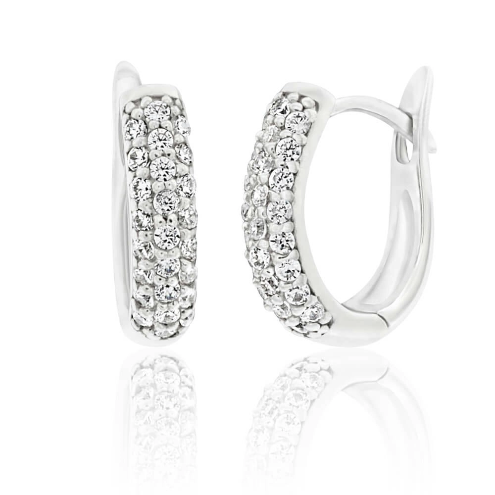 Sterling Silver Rhodium Plated Cubic Zirconia Pave Huggies Hoop Earrings