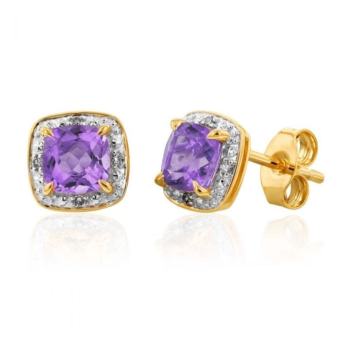 9ct Yellow Gold Amethyst and Diamond Stud Earrings