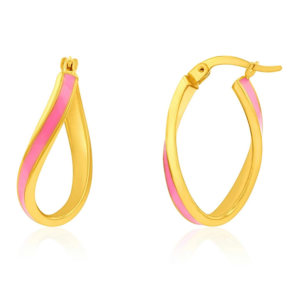 9ct Yellow Gold Silverfilled Pink Enamel On Twisted Hoop Earrings