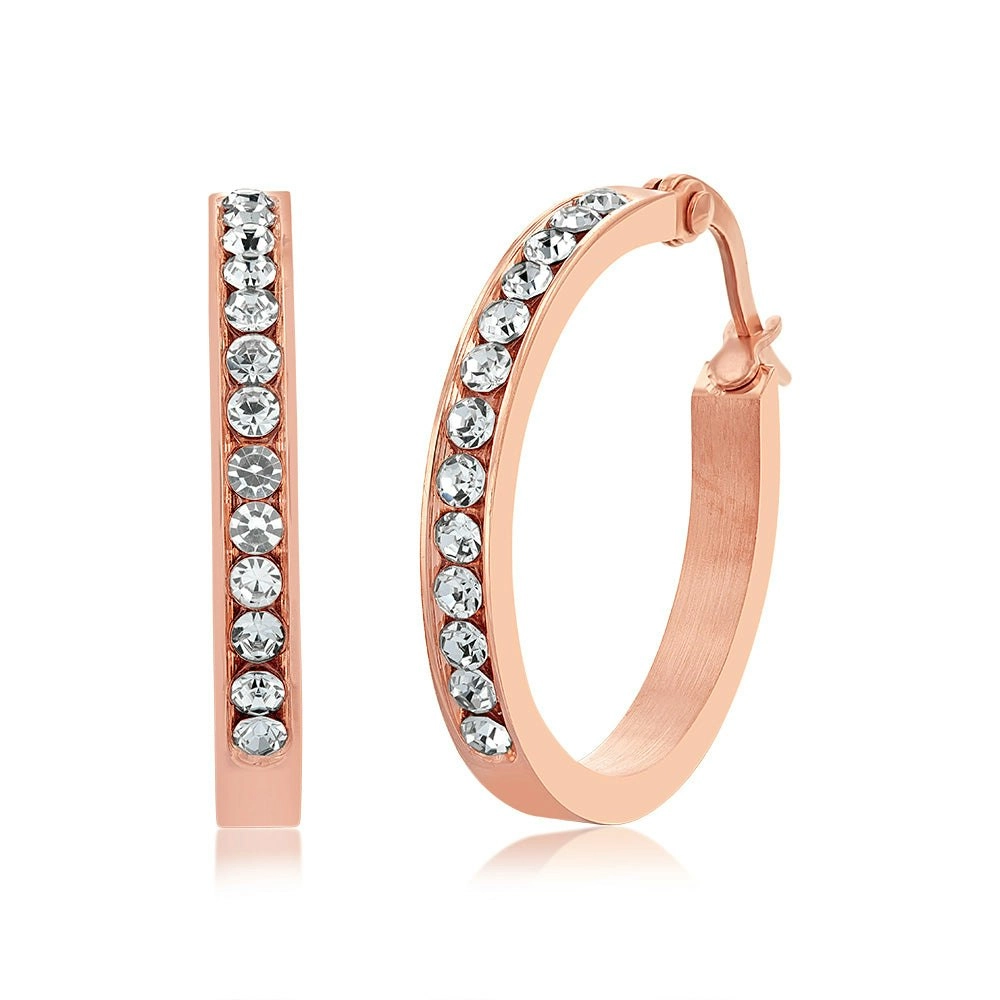 Stainless Steel 25mm Half Circle Rose Gold Plated Crystal Hoop Earrings