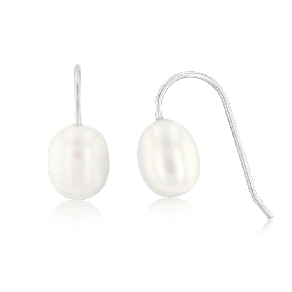 Sterling Silver 8mm Cream Freshwater Pearl Hook Drop Earrings