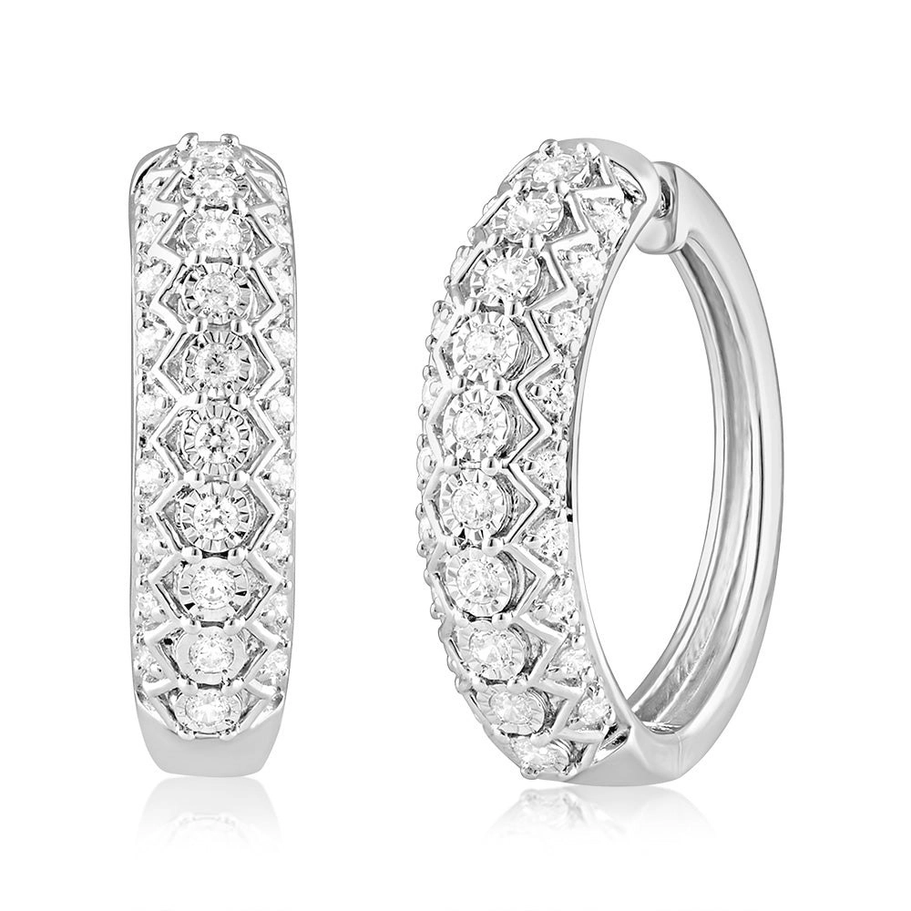 Sterling Silver 0.45 Carat Diamond Hoop Earrings with 56 Round  Diamonds