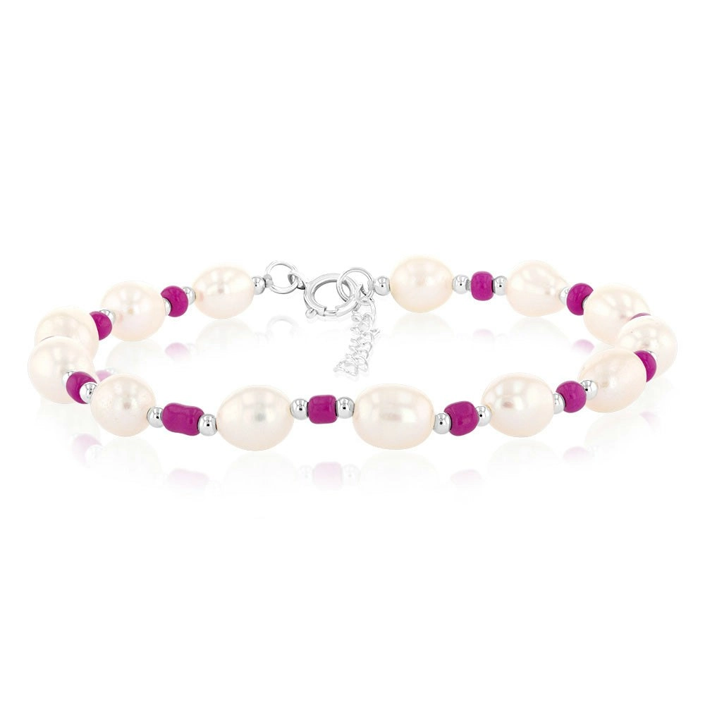 White Freshwater Pearl Bracelet with Pink & Silver Beads in Sterling Silver