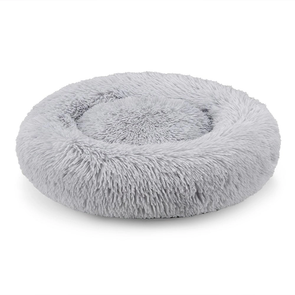 Petzly Dog Cat Calming Bed Warm Soft Plush Round Waterproof 60CM Bed Light Grey