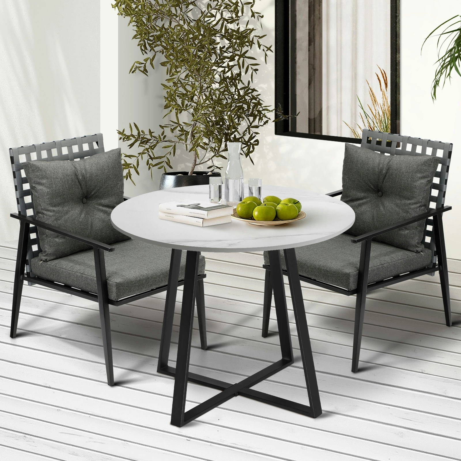 Livsip Outdoor Dining Set 2 Seater Marble Table Patio Furniture Rattan Armchair