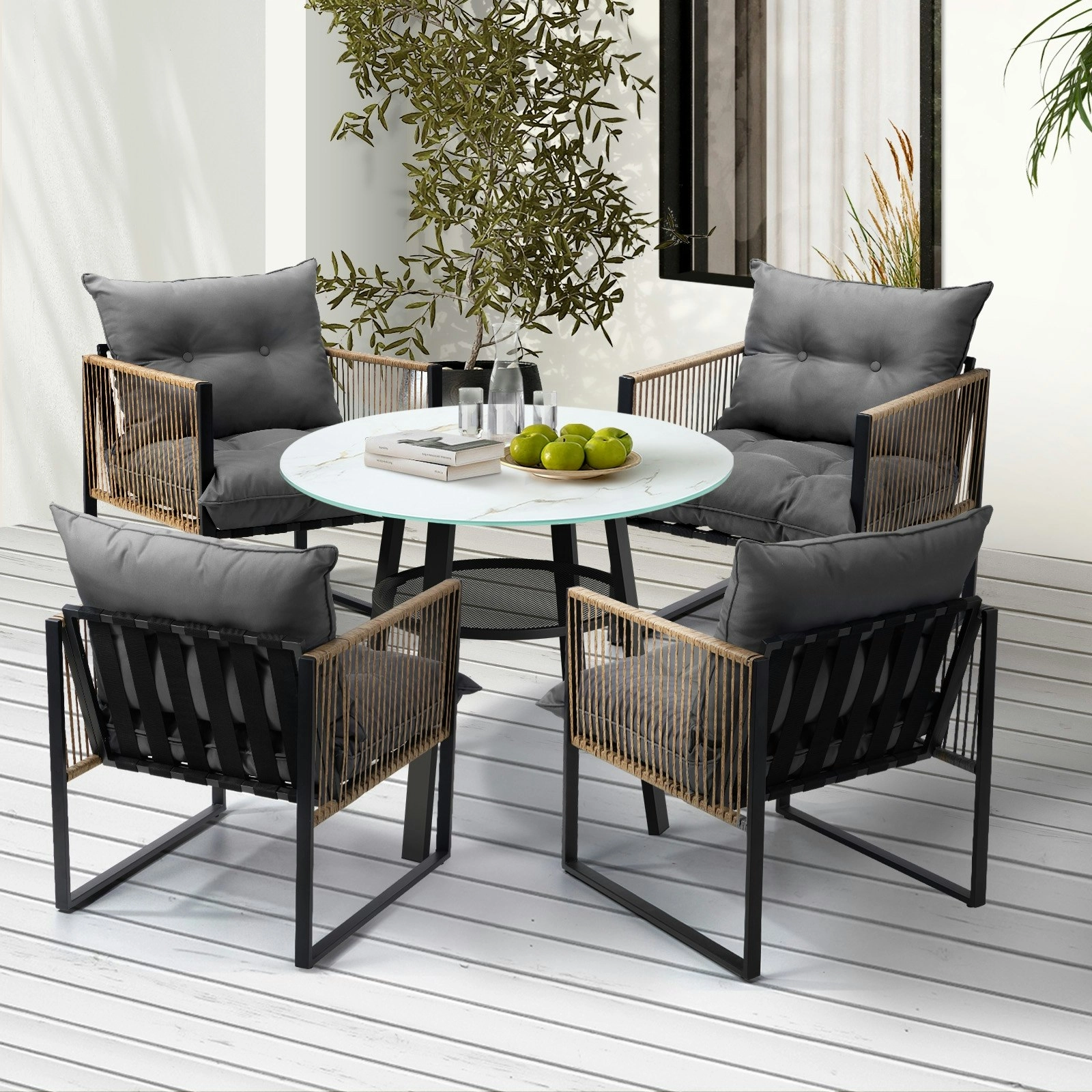 Livsip Outdoor Patio Set Furniture 4 Seater Bistro Setting Table w/Storage Shelf