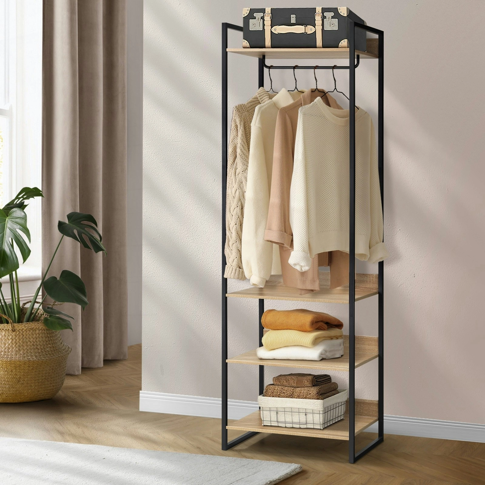 Oikiture Clothes Rack Open Wardrobe Garment Coat 4 shelves Hanging Rail Metal