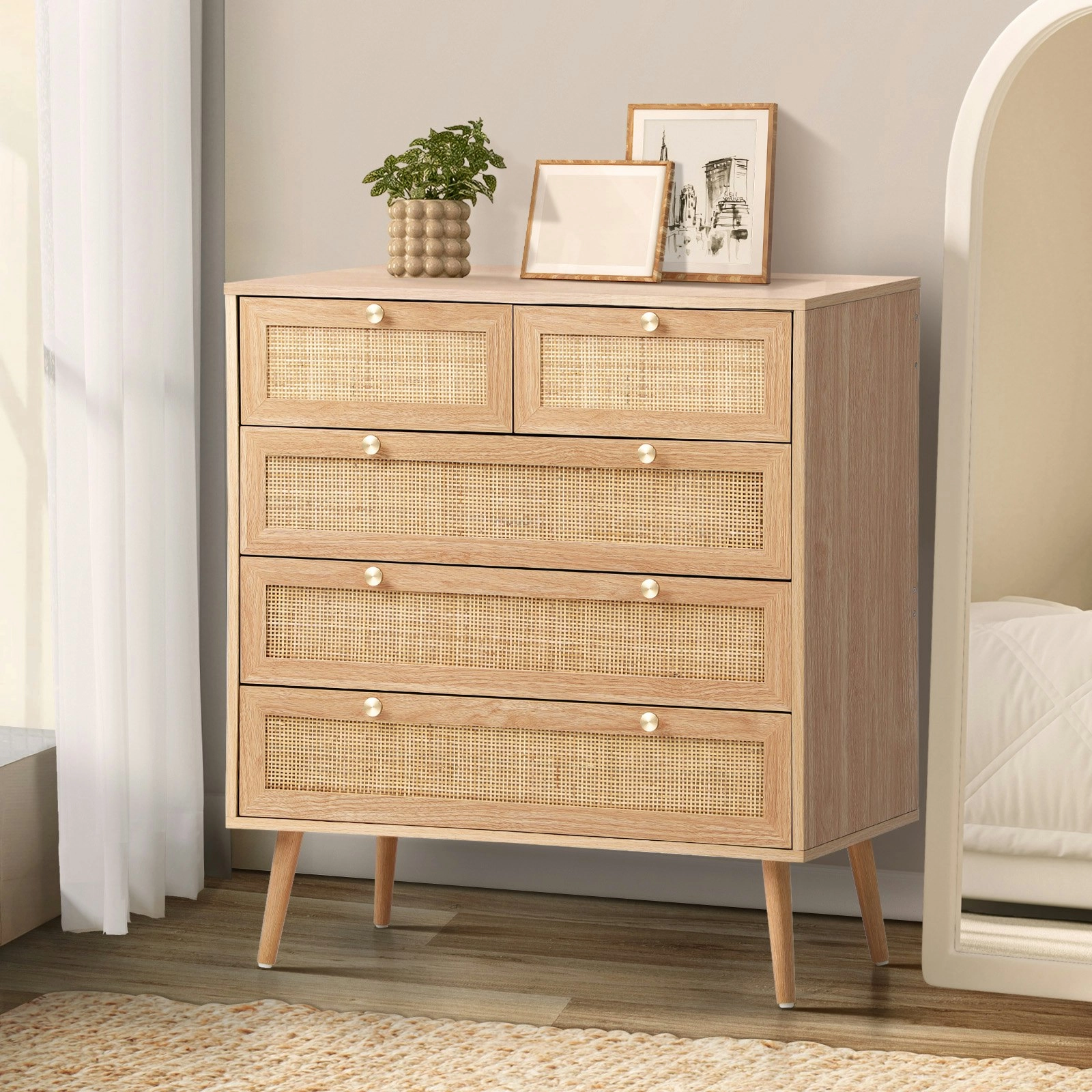 Oikiture 5 Chest of Drawers Dresser Chest Storage Cabinet Tallboy Rattan