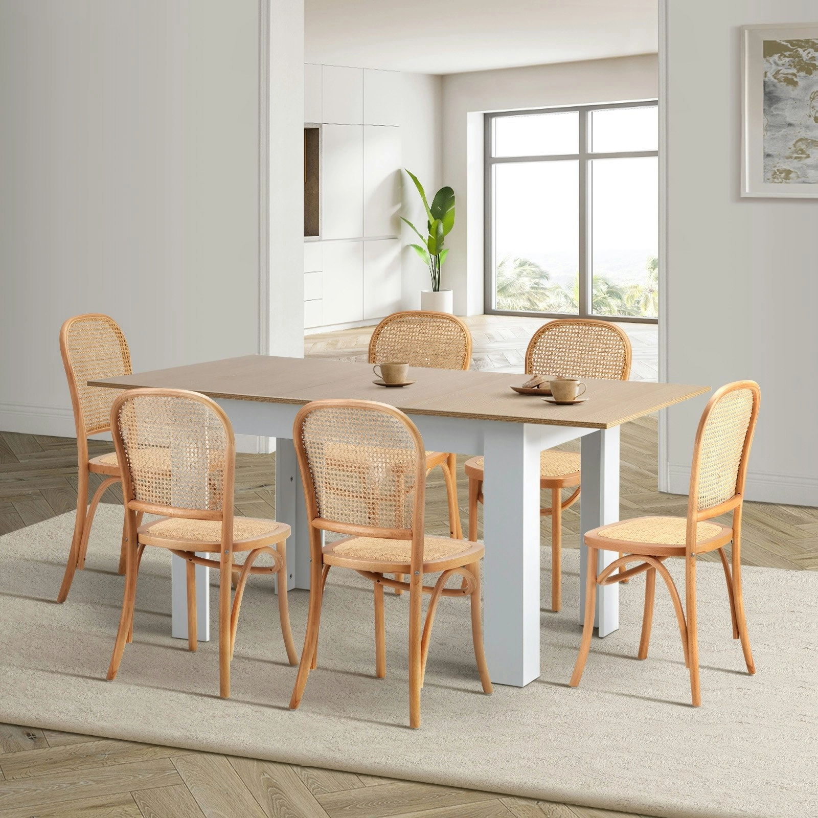 Oikiture 7PCS Dining sets 160cm Extendable Table with Chairs Rattan Natural