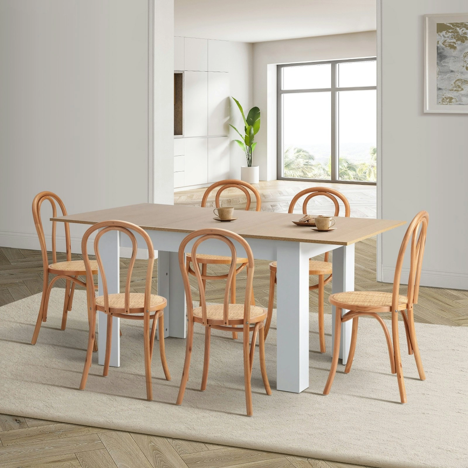 Oikiture 7PCS Dining sets 160cm Extendable Table with Crossback Chairs Natural